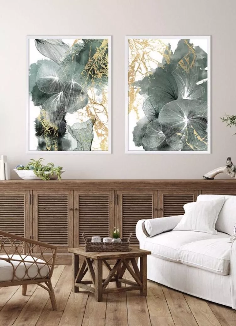 2 Quadri moderni astratti verticali floreali, decori da parete con