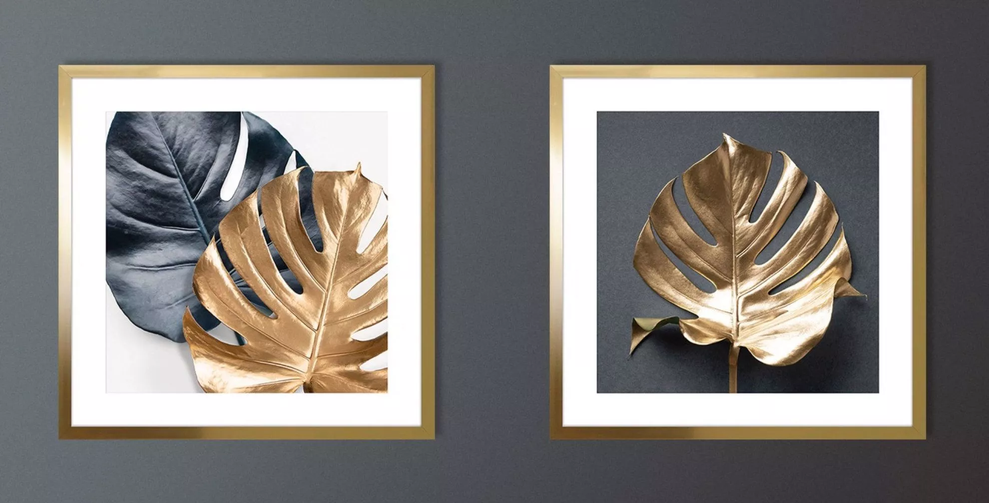 Quadri moderni 2 pezzi coppia per soggiorno foglie monstera cornice oro  53x53 - 6F05