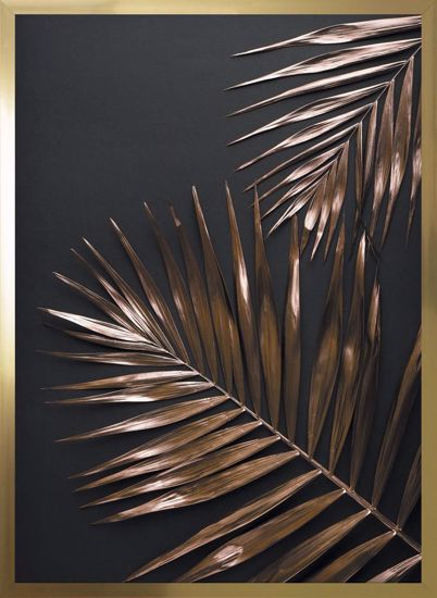 Quadro verticale foglie di kenzia bronzo su sfondo nero cornice oro lucido 53x73