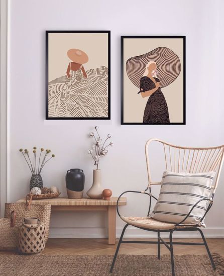 Coppia quadri verticali moderni donne per soggiorno 53x73 cornice nera