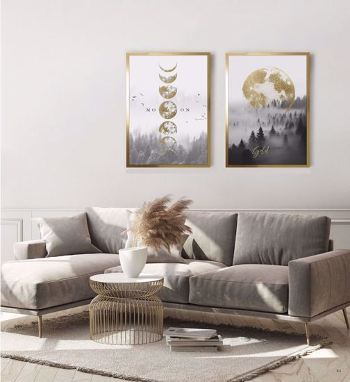 Coppia quadri moderni particolari per soggiorno verticali lune dorate cornice oro lucido 53x73