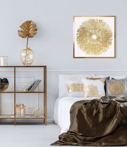Quadro sole astratto per soggiorno 73x73 cornice oro lucido per soggiorno