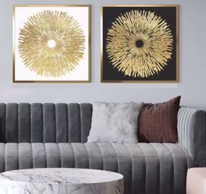 Coppia quadri astratti per soggiorno stile contemporaneo 73x73 cornice oro lucido