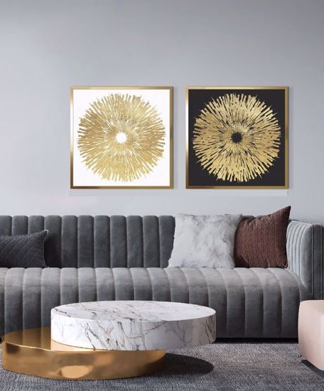 Coppia quadri astratti per soggiorno stile contemporaneo 73x73 cornice oro lucido
