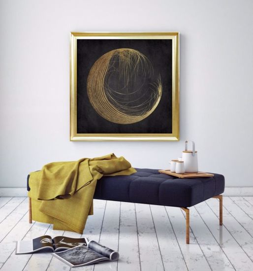 Quadro luna astratta fondo nero 78x78 cornice legno oro da salotto