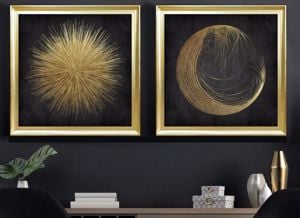 Coppia di quadri da salotto luna e sole astratto sfondo nero cornice oro 78x78