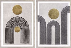 Due quadri astratti zen verticali per soggiorno cornice effetto legno naturale 53x73