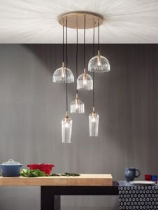 Lampadario moderno puck ondaluce vetro trasparente metallo oro per soggiorno