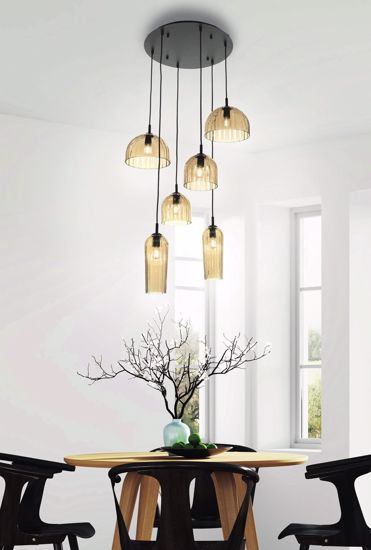 Ondaluce puck 6 luci lampadario moderno vetri ambra a cascata per soggiorno