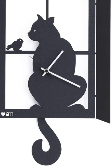 Orologio da parete gatto alla finestra nero con pendolo