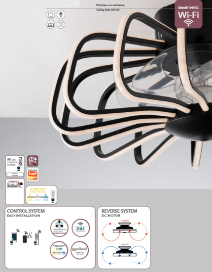 Ventilatore moderno da soffitto nero wi-fi led tricolor silenzioso con telecomando