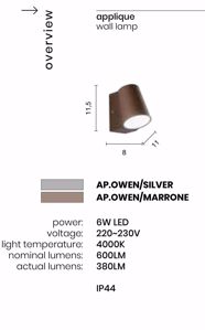 Applique owen silver ondaluce luce verso il basso per esterni led 6w 4000k ip44