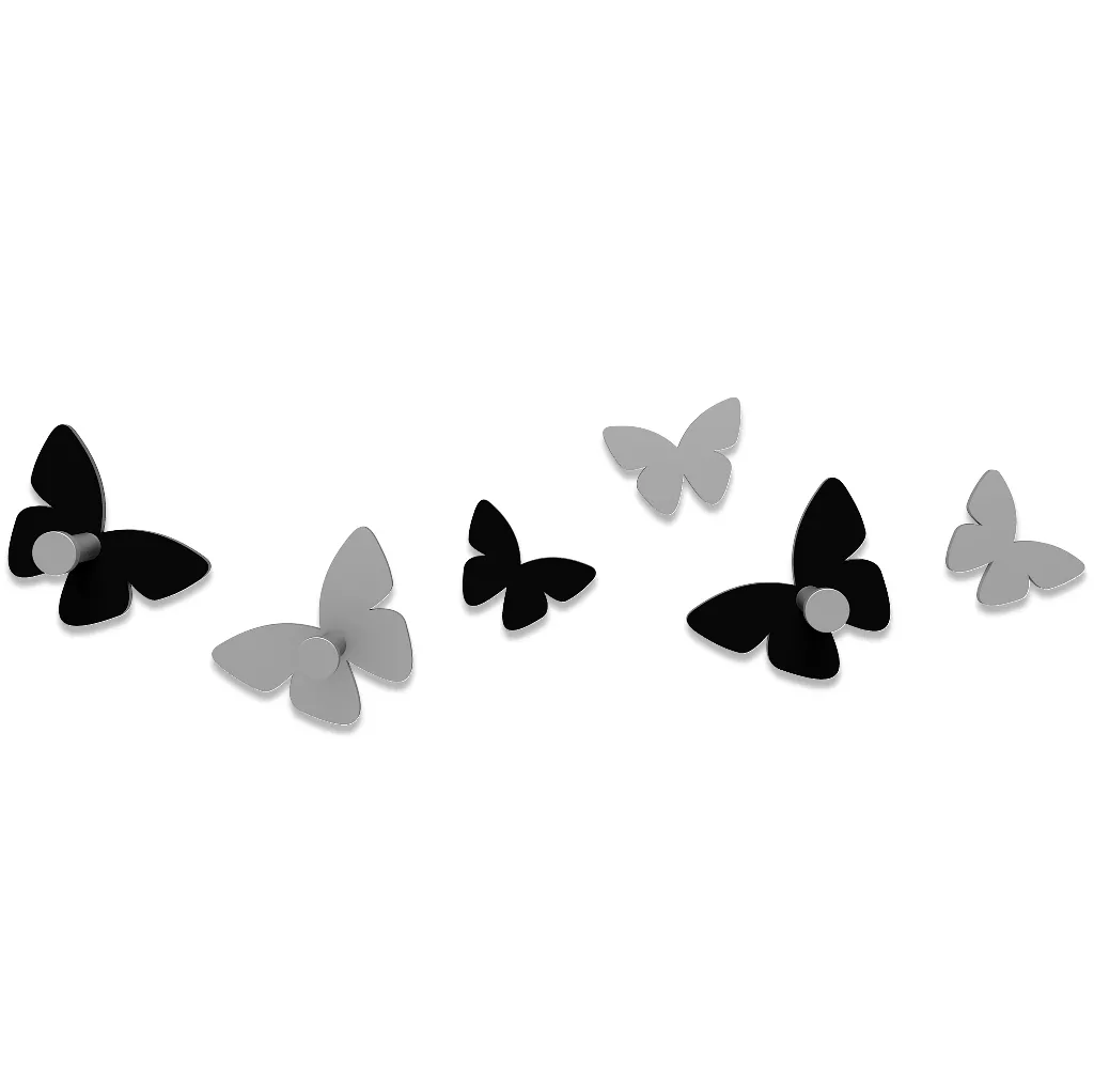Attaccapanni da muro moderno 6 farfalle legno nero e grigio - 4882