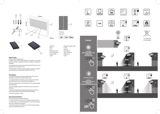 Applique da esterno solare ip44 con sensore crepuscolare di movimento 8w 6000k