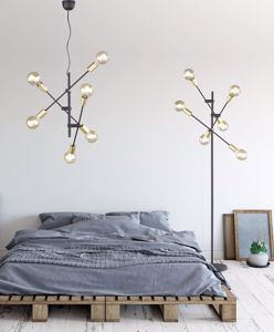 Lampadario verticale design minimal per soggiorno nero oro luci orientabili