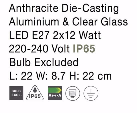 Applique lanterna rustica per esterno quadrata antracite due luci e27 ip65