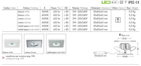 Faretto da incasso led a soffitto per doccia bagno ip65 cromo 5w 3000k