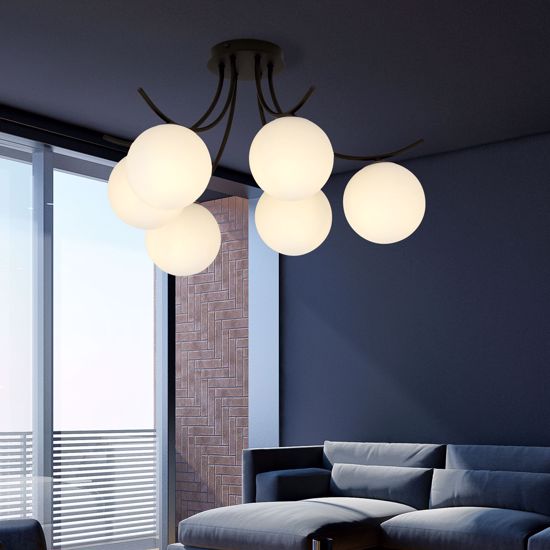 Plafoniera per soggiorni moderni nera design 6 luci sfere vetro bianco