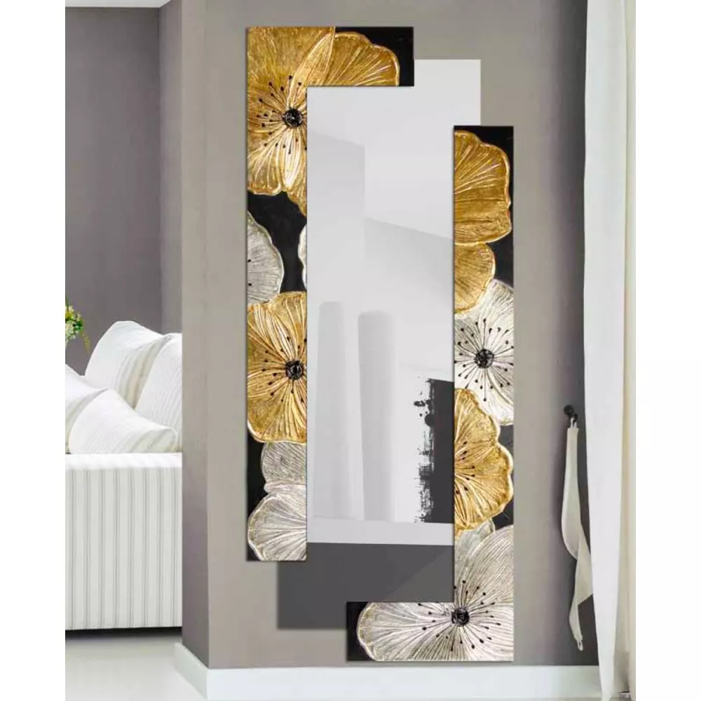 Specchiera da parete verticale 190x80 orizzontale decorativa floreale oro  nero - 1346