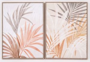 Coppia di quadri verticali moderni foglie kentia colorate tele incorniciate 60x80