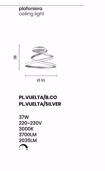Plafoniera vuelta silver ondaluce design moderna led 37w 3000k dimmerabile