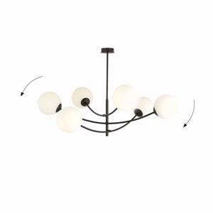Lampadario nero moderno per soggiorno design 6 sfere vetro bianche