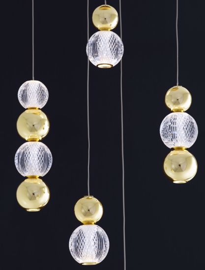 Lampadario oro per soggiorno grappolo 5 luci sfere a sospensione