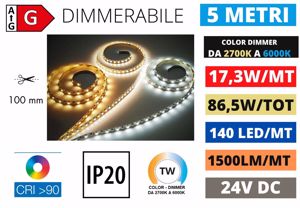 Striscia led 24v 5mt 17,3w dimmerabile da 2700k a 6000k