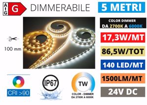 Striscia led 24v bianco dinamico 17,3w mt da 2700k a 6000k ip67