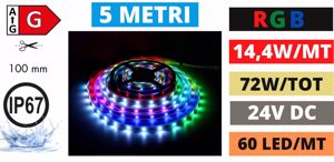 Striscia led rgb per esterno bobina 5 mt 14,4w mt ip67 24v