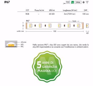 Striscia led rgb per esterno bobina 5 mt 14,4w mt ip67 24v