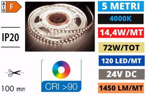 Bobina 5mt strip led 14,4w mt 4000k 24v ip20 per interni