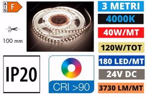 Strip led da soffitto 40w mt 4000k alta luminosità 24v bobina 3mt per interni