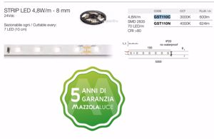 Striscia led 4,8w mt 3000k 24v bobina 5 metri ip20 gea luce