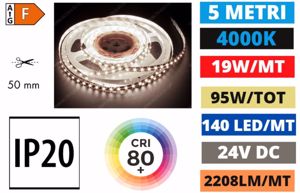 Striscia led luminosa bobina 5 mt 18w mt 4000k 24v ip20 per interni gea luce