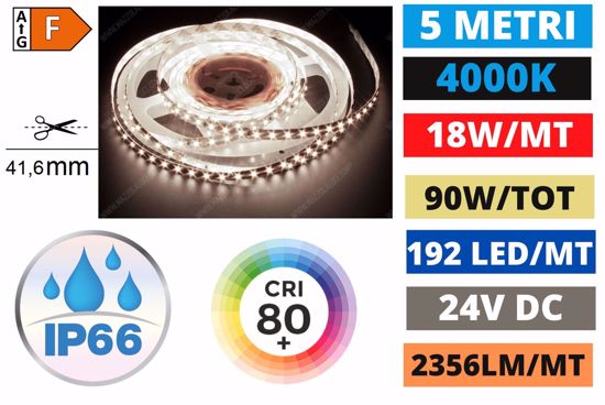 Strisce led per esterni bobina 5mt 18w mt 4000k ip66 24v alta luminosit&agrave; gea luce