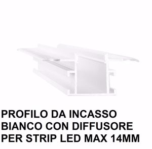 Profilo da incasso soffitto cartongesso bianco 2mt con diffusore per strip led max 14mm