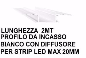 Profilo da incasso 2 metri alluminio bianco per strip con diffusore pvc max 20mm