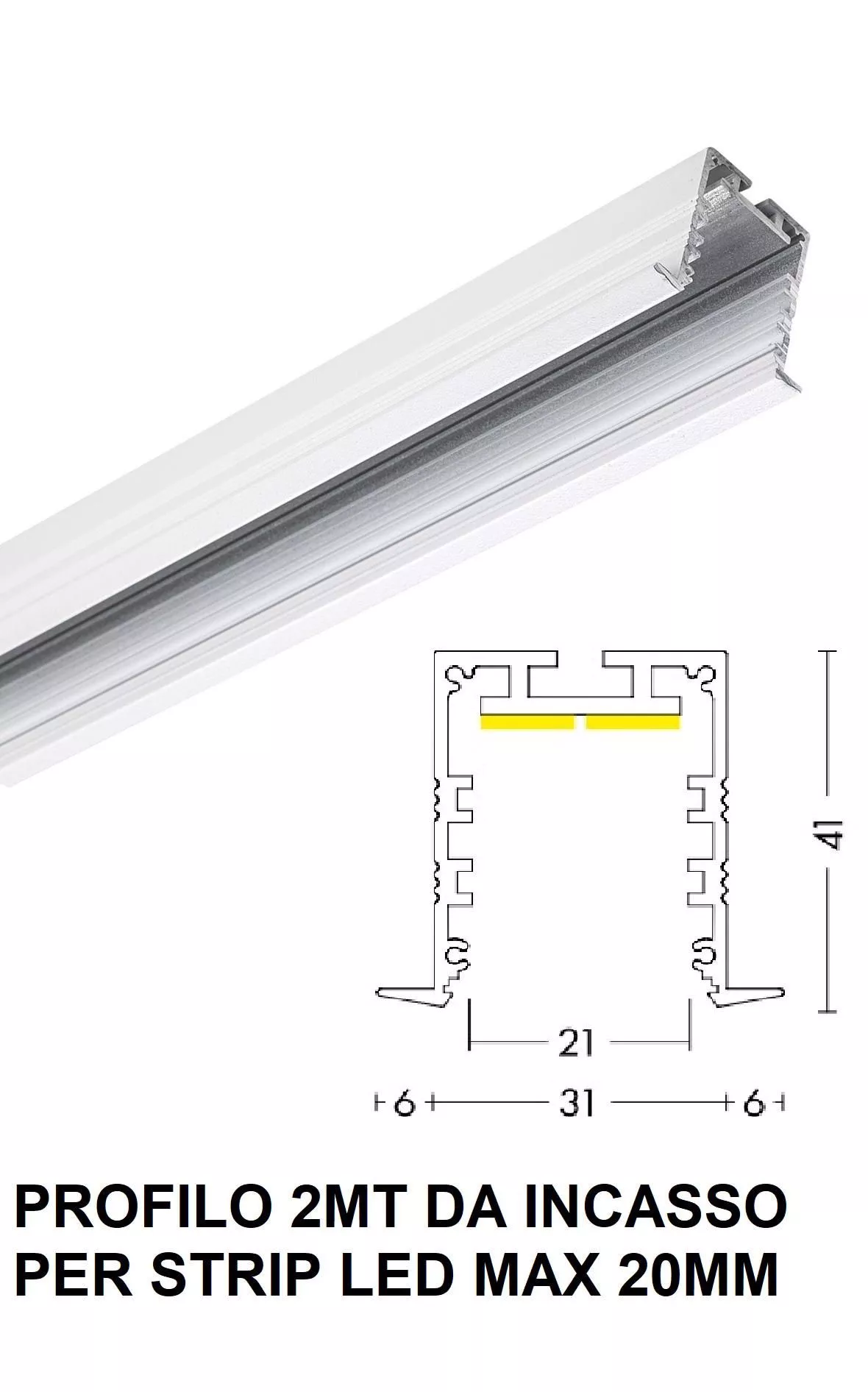 Profilo alto da incasso per strip led max 20mm alluminio bianco 2mt - 4DE9