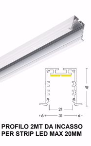 Profilo alto da incasso per strip led max 20mm alluminio bianco 2mt