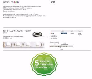 Bobina striscia led 5 metri rgb 14,4w mt 24v ip20 per interni gea luce