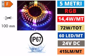 Striscia gea luce rgb per esterni ip67 bobina 5 mt 14,4w mt 24v