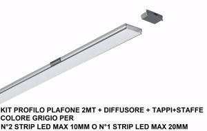 Gea luce kit profilo plafone grigio 2mt per strip led max 20mm diffusore tappi staffe