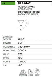 Box 10 pezzi lampadine gu10 7w 3000k 550lm ottica 100 gea luce