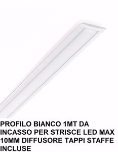 Profilo 1mt da incasso bianco per strip led max 10mm diffusore accessori inclusi