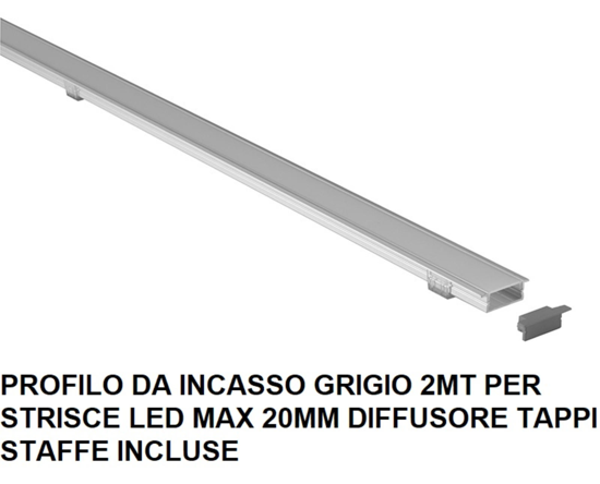 Gea luce profilo 2mt alluminio grigio da incasso per strip max 20mm diffusore tappi staffe