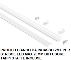 Gea luce profilo da incasso alluminio bianco 2mt per strip led max 20mm diffusore tappi staffe