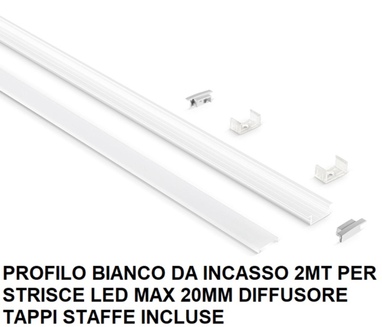 Gea luce profilo da incasso alluminio bianco 2mt per strip led max 20mm diffusore tappi staffe
