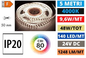 Striscia 5 metri led 9,6w mt 4000k 24v ip20 per interni gea luce