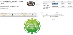 Striscia 5 metri led 9,6w mt 4000k 24v ip20 per interni gea luce